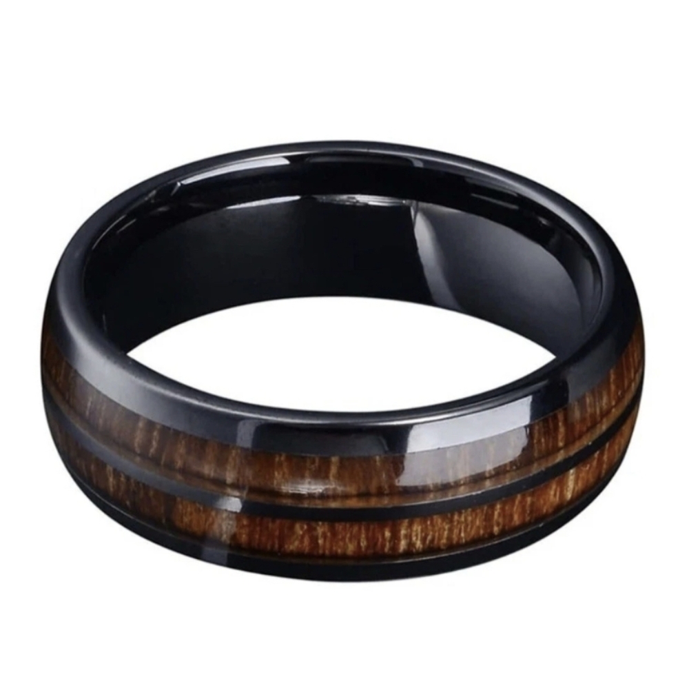 Men’s Wood Grain Whiskey Barrell Design & Black Stainless Steel Ring Size 11